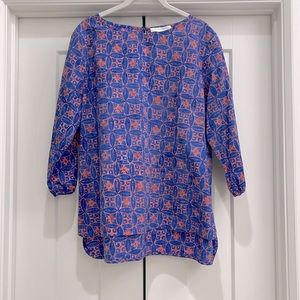 ANN MASHBURN Blue and Coral Printed Long-Sleeve Blouse